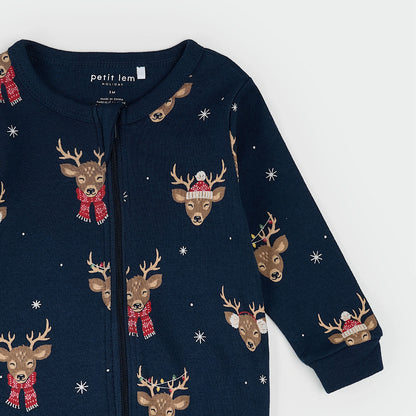 Petit Lem Footed Sleeper in Reindeer Run on Dress Blues