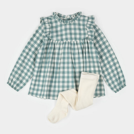 Petit Lem Teal Gingham Brushed Twill Dress Set