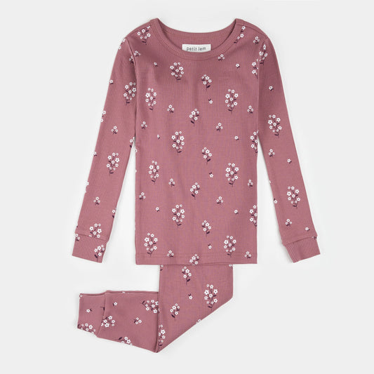 Petit Lem Ribbed 2 Piece Pj Set in White Flowers on Mauve