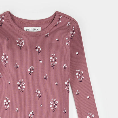Petit Lem Ribbed 2 Piece Pj Set in White Flowers on Mauve