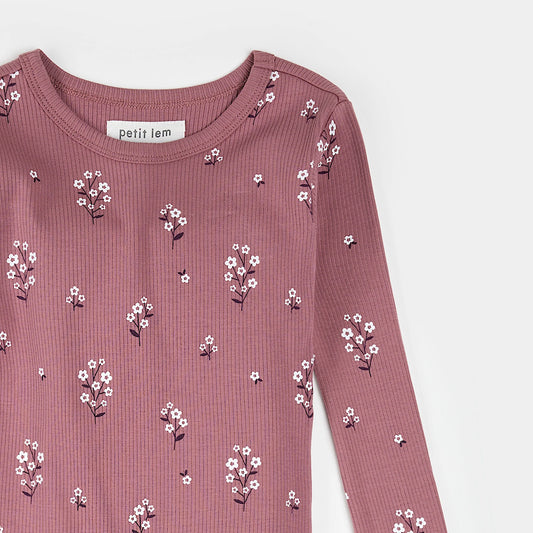 Petit Lem Ribbed 2 Piece Pj Set in White Flowers on Mauve