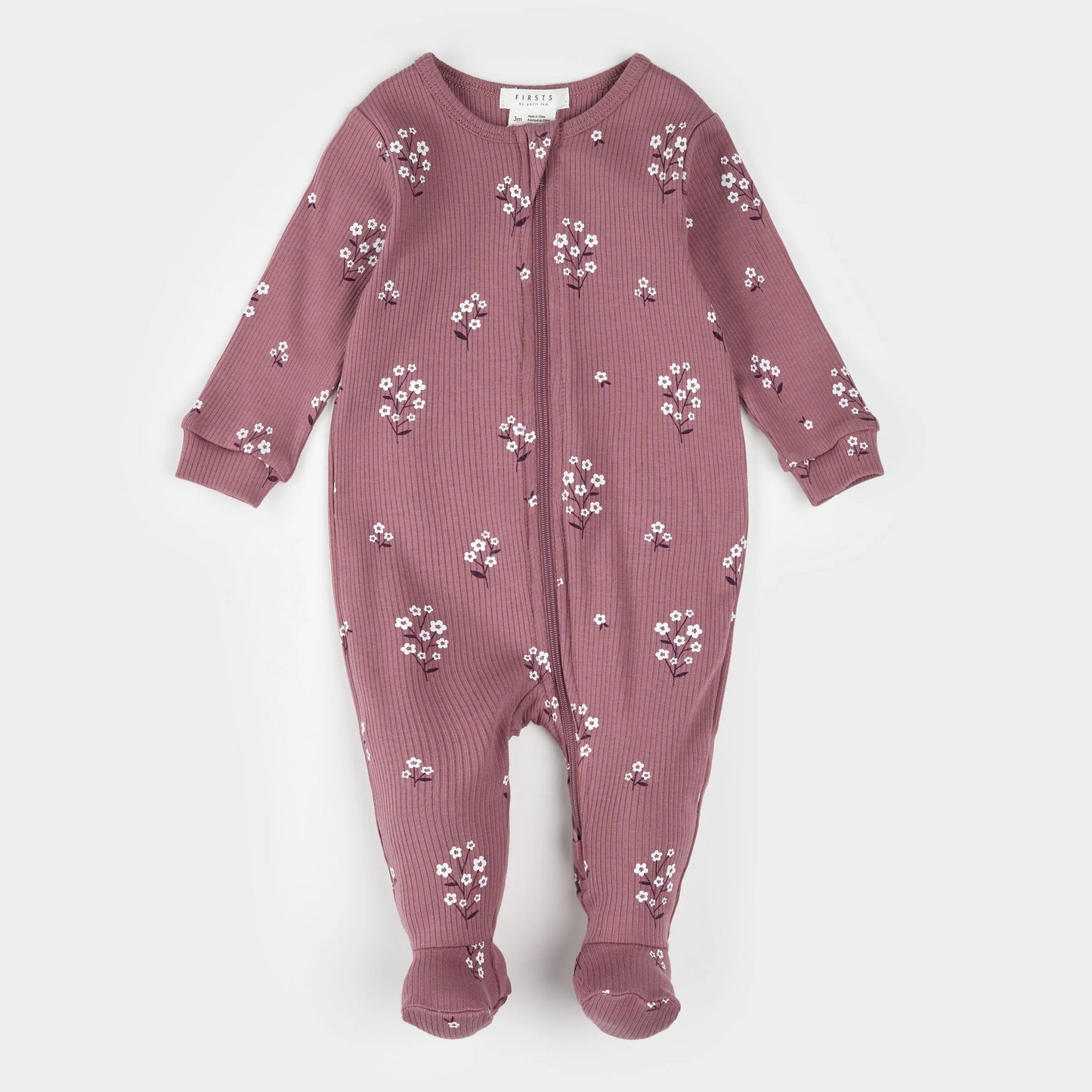 Petit Lem Footed Sleeper in White Flowers on Mauve