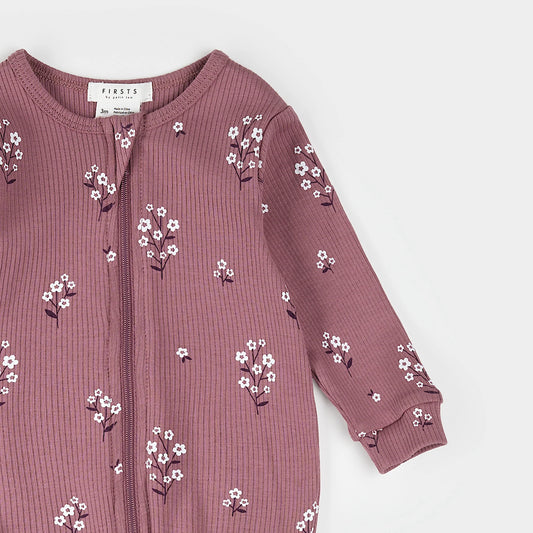 Petit Lem Footed Sleeper in White Flowers on Mauve