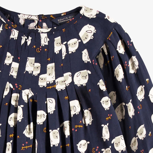 Souris Mini Navy Blue Dress with Sheep Pattern