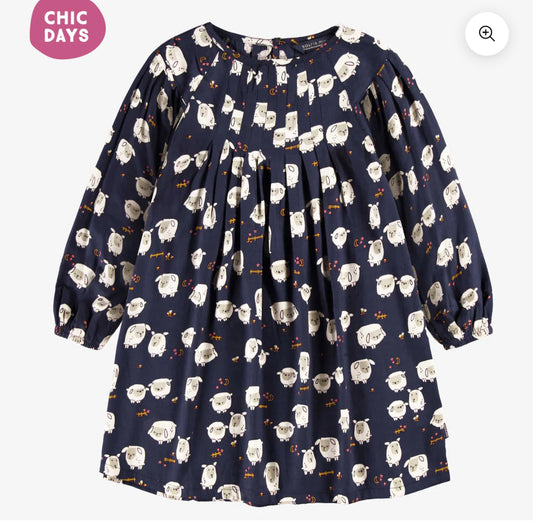 Souris Mini Navy Blue Dress with Sheep Pattern