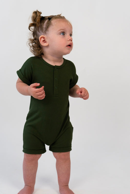 Belan J Ribbed Short Sleeve Shortall Romper in Forest Green