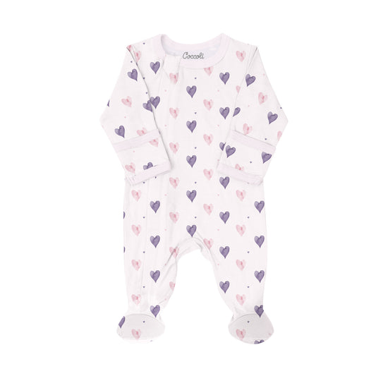 Coccoli Modal Zipper Footie in Hearts on Pink