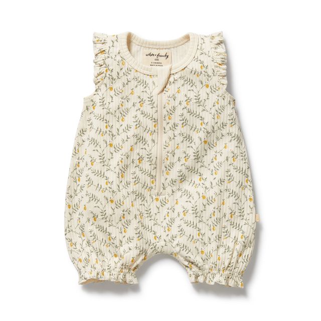 Wilson and Frenchy Organic Cotton Ruffle Zipsuit in Lemon Leaf