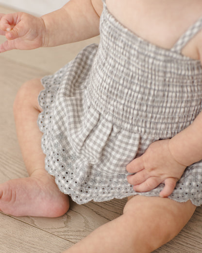 Quincy Mae Smocked Skirted Romper in Sage Gingham