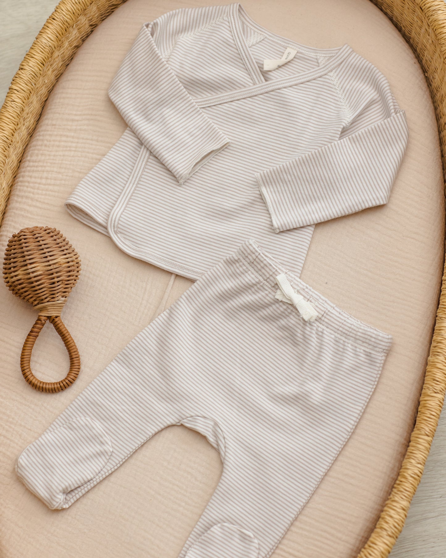Quincy Mae Wrap Top & Footed Pant Set in Oat Microstripe