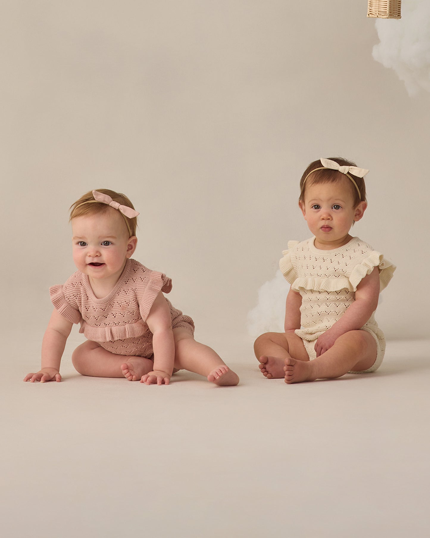 Quincy Mae Knit Pointelle Ruffle Romper in Natural