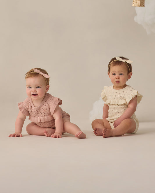 Quincy Mae Knit Pointelle Ruffle Romper in Natural