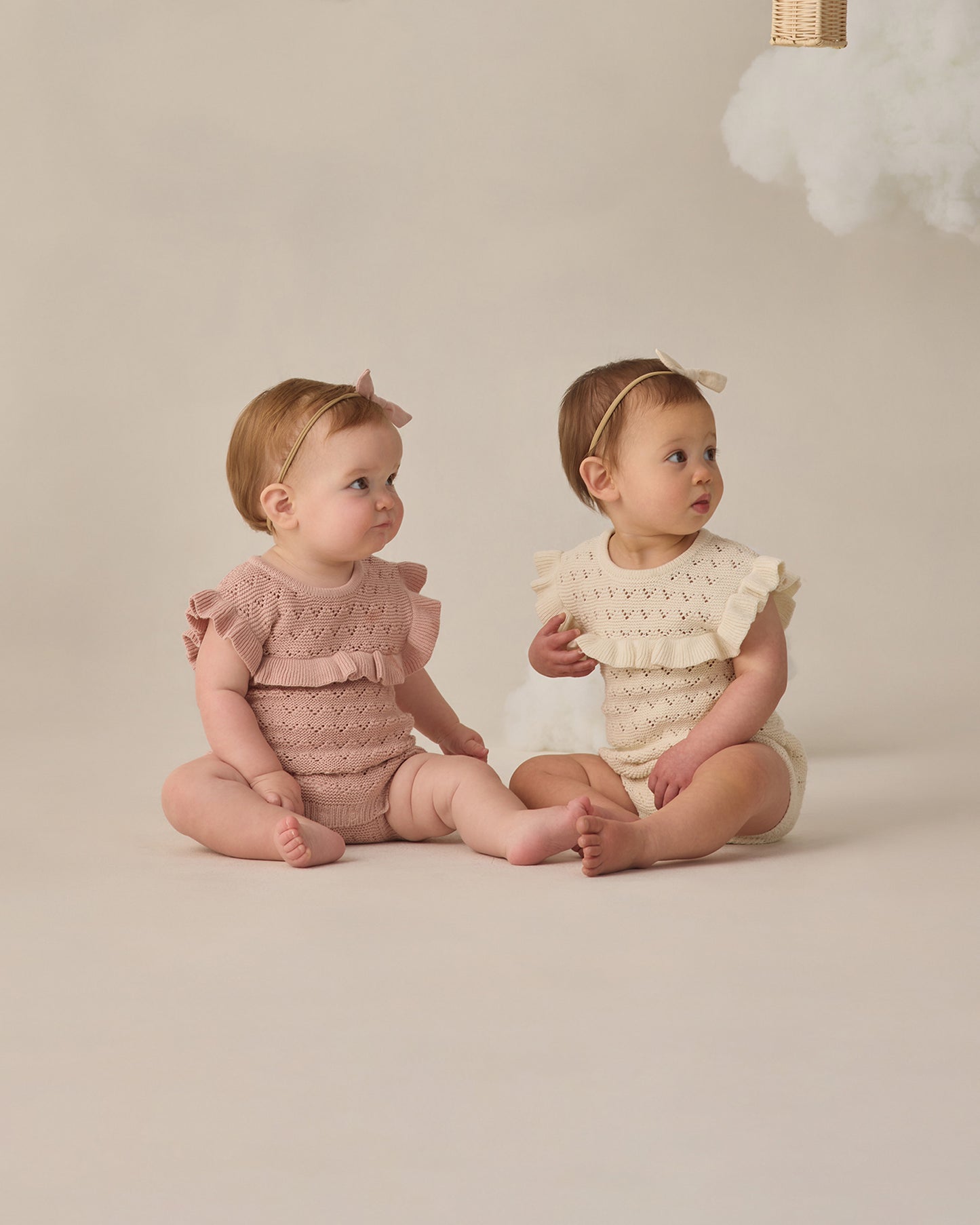 Quincy Mae Knit Pointelle Ruffle Romper in Natural