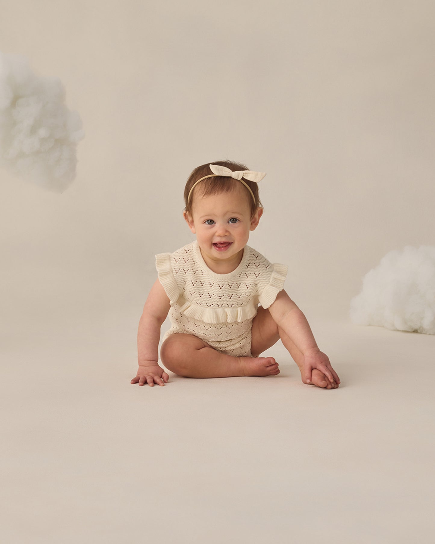 Quincy Mae Knit Pointelle Ruffle Romper in Natural