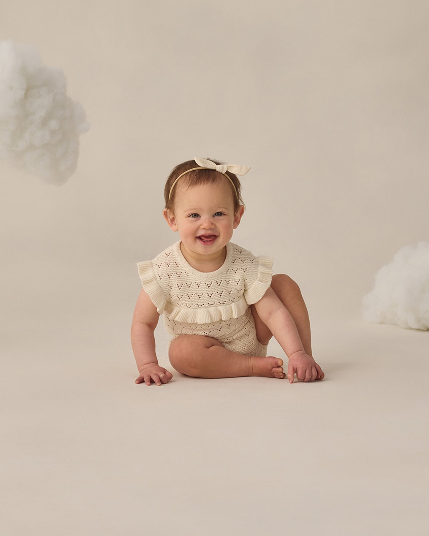 Quincy Mae Knit Pointelle Ruffle Romper in Natural