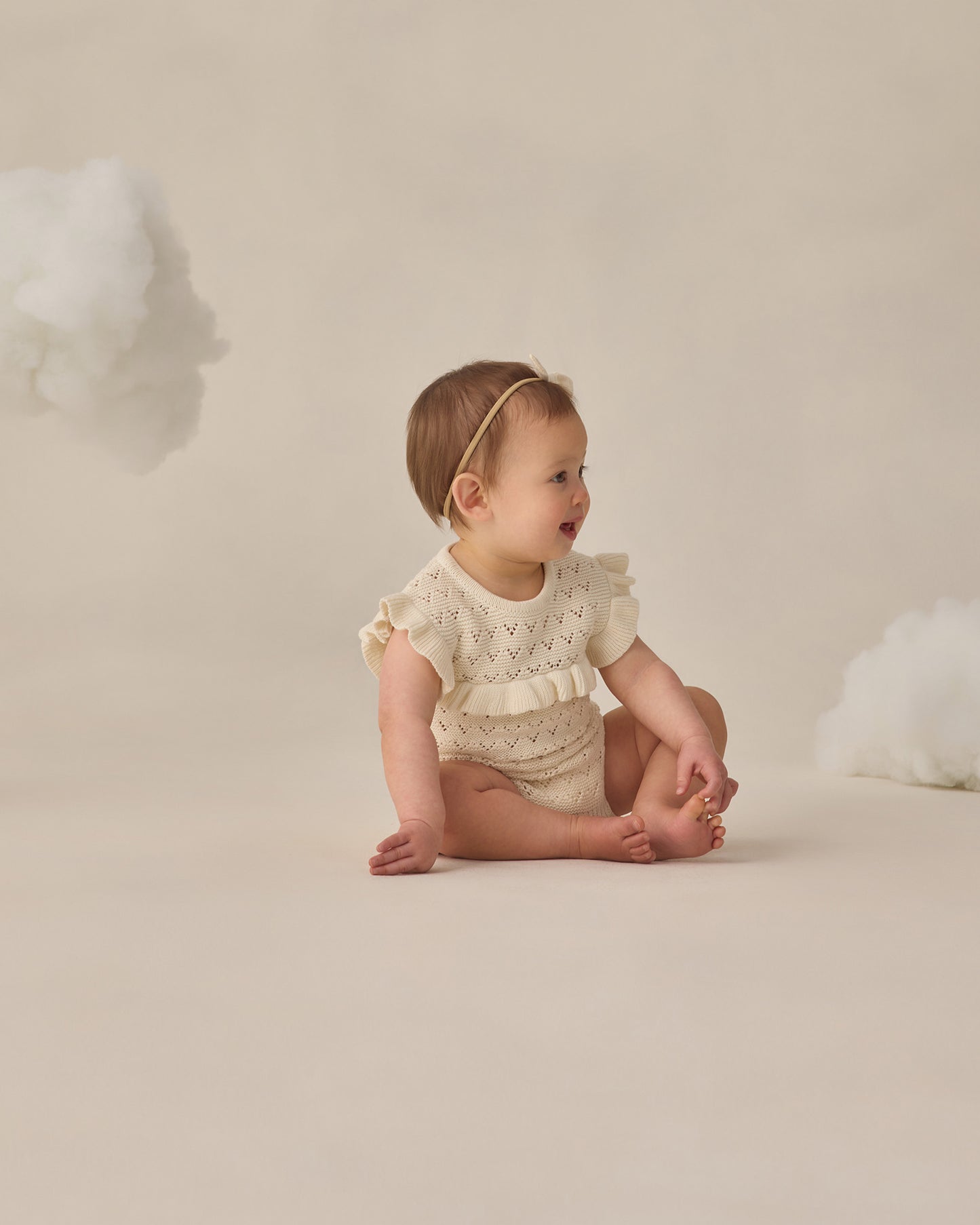 Quincy Mae Knit Pointelle Ruffle Romper in Natural