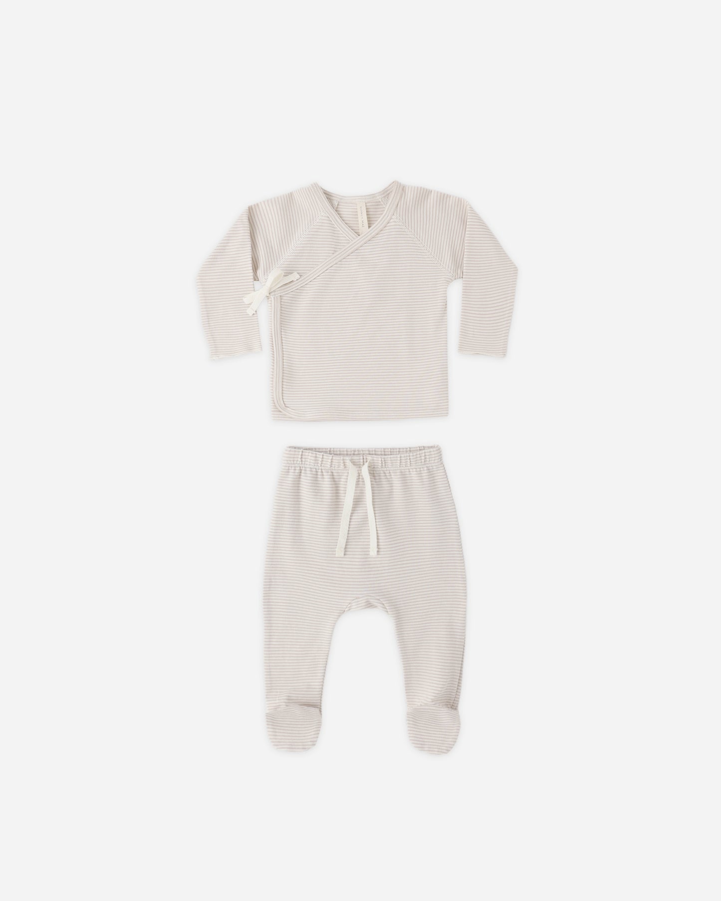 Quincy Mae Wrap Top & Footed Pant Set in Oat Microstripe