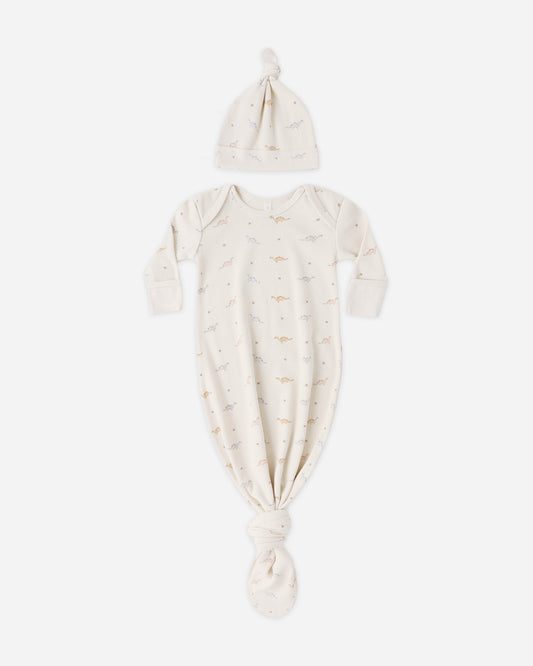 Quincy Mae Knotted Baby Gown & Hat Set in Dinos