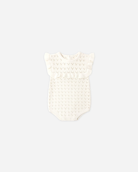 Quincy Mae Knit Pointelle Ruffle Romper in Natural