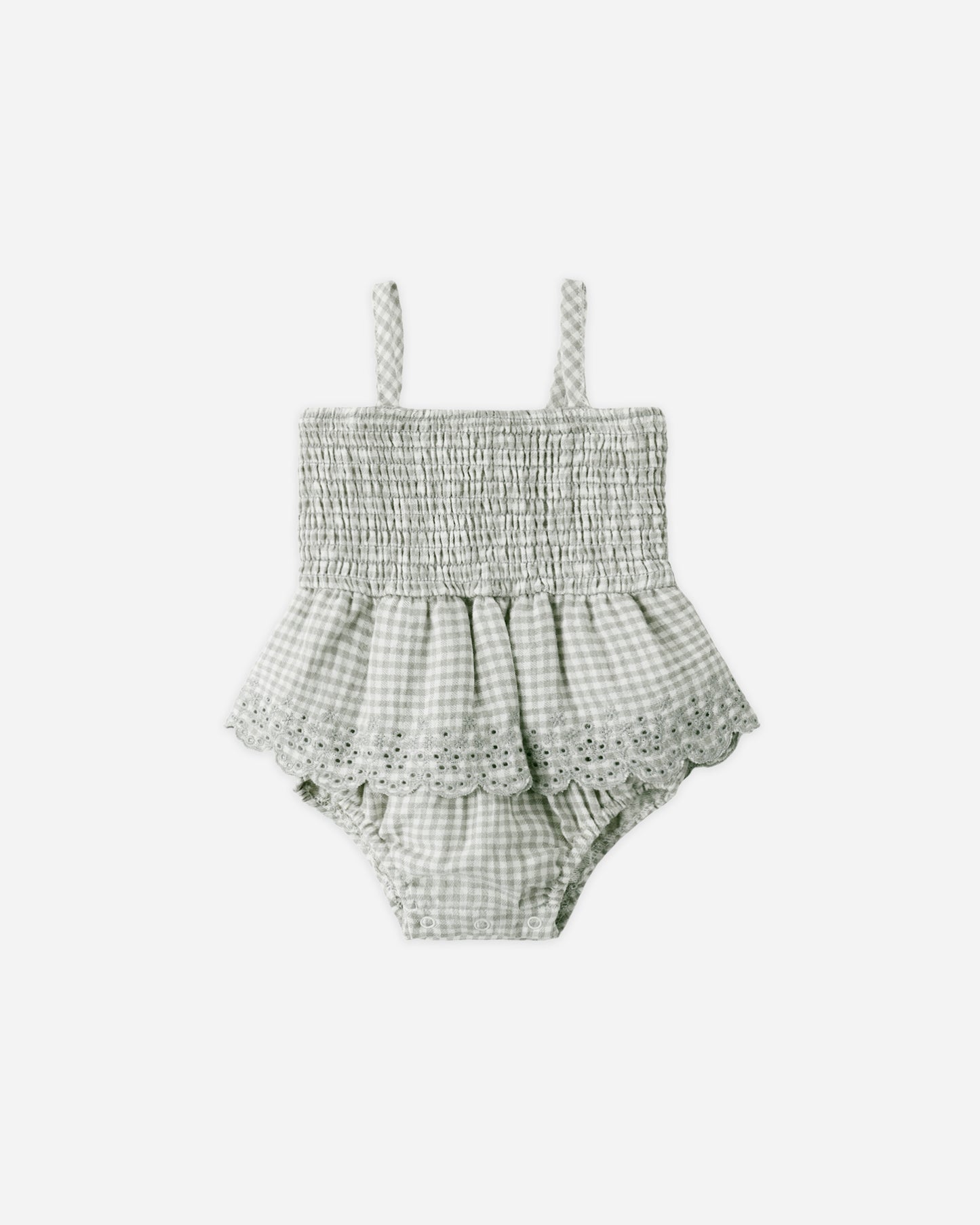 Quincy Mae Smocked Skirted Romper in Sage Gingham