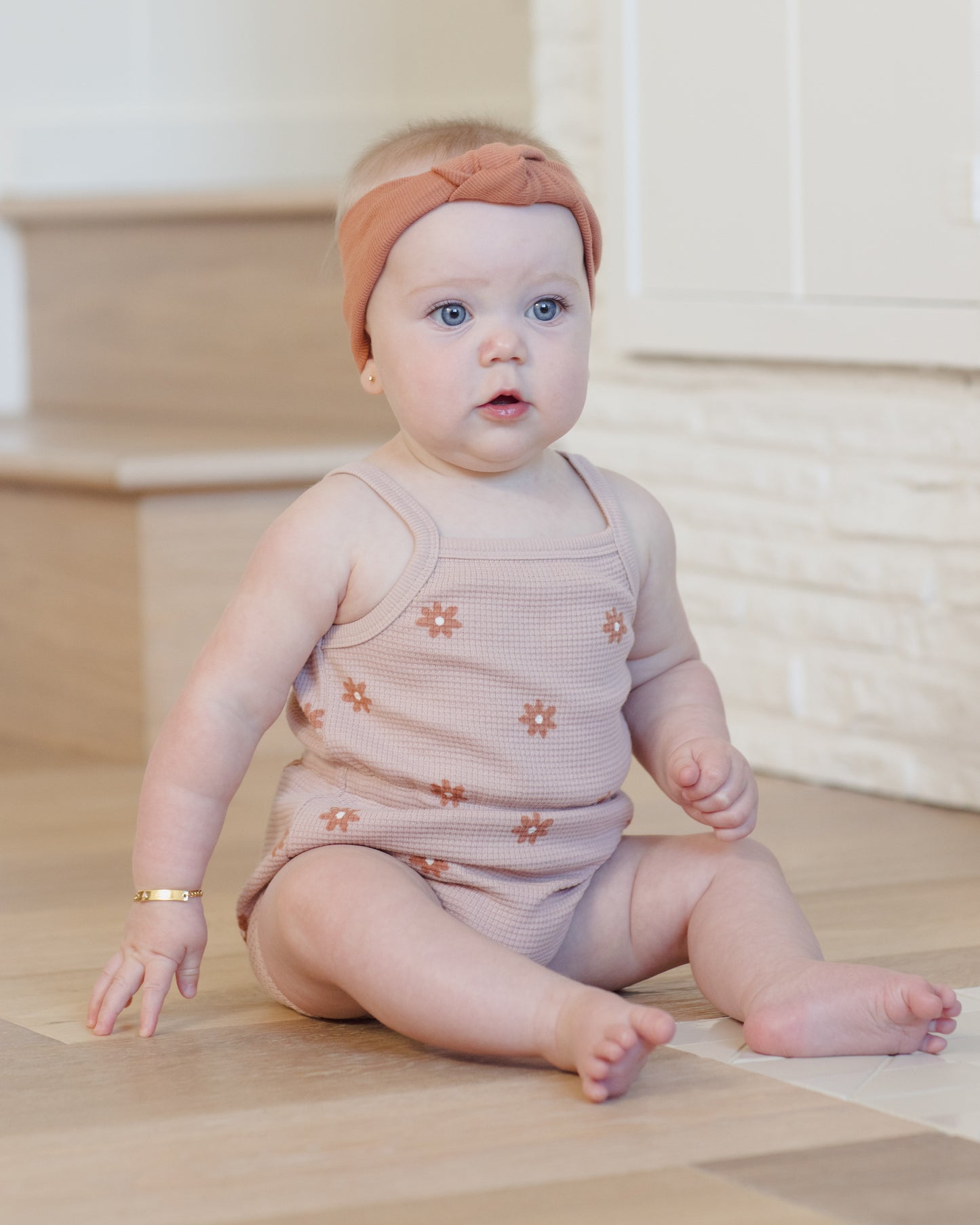 Quincy Mae Waffle Cinch Romper in Pink Daisy