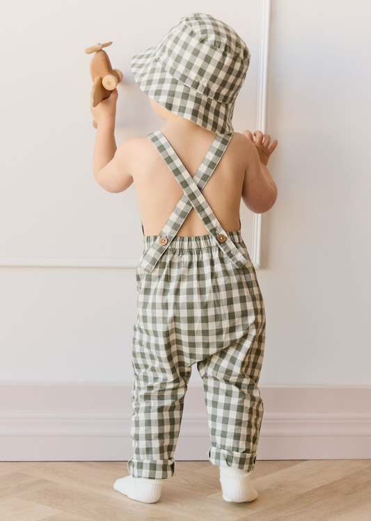 Organic Cotton Kingston Overall in Gingham Grape Leaf