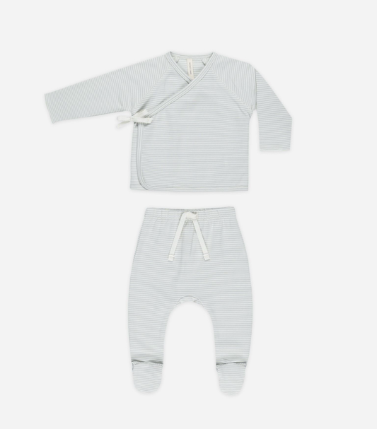 Quincy Mae Wrap Top & Footed Pant Set in Sky Micro Stripe