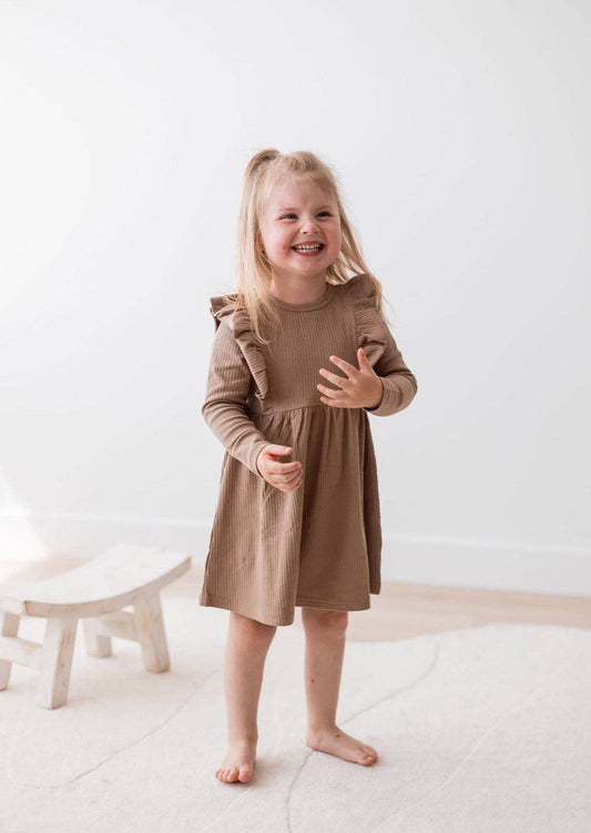 Mila & Co. Ribbed Flutter Dress in Cappuccino