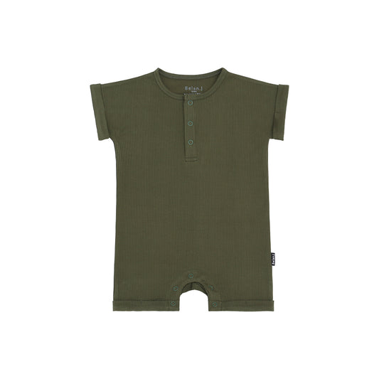 Belan J Ribbed Short Sleeve Shortall Romper in Forest Green